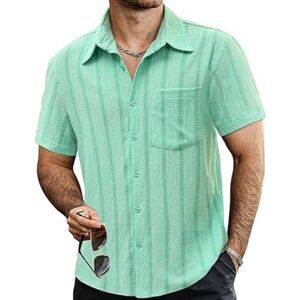 Mens Summer Striped Button Down Short Sleeve Hawaiian Shirt Light Green